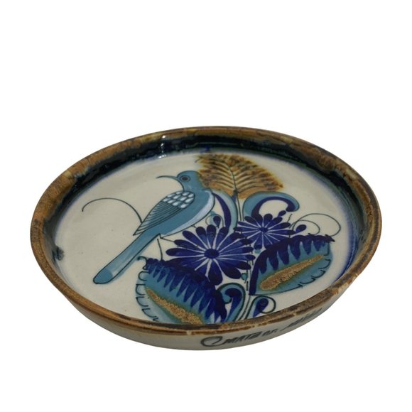 Tonala Other - Tonala Mexican Pottery Tray Bird Flowers Blue Mexico Trinket Dish 7.25"